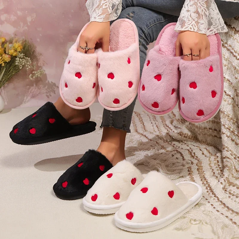 Lovely Girls Embroidery Heart Winter Slippers for Women 2026 New Pink Faux Fur Home Slides Woman Warm Plush Soft Indoor Shoes 43