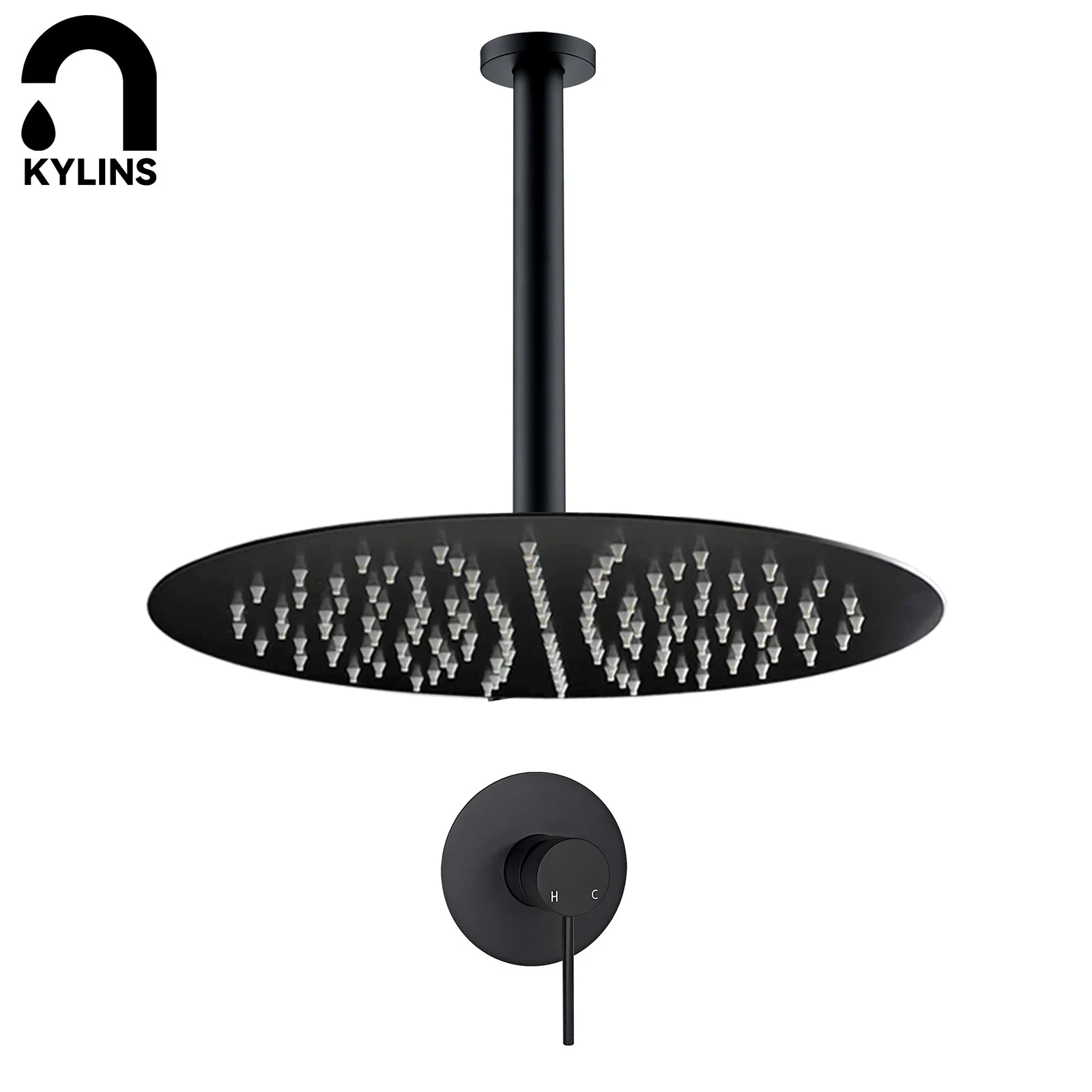 KYLINS Black Bathroom Shower Head Set Ceiling Mount 8 10 12 16 inch Rainfall Shower Head Ceiling Arm Shower Hot Cold Mixer Valve