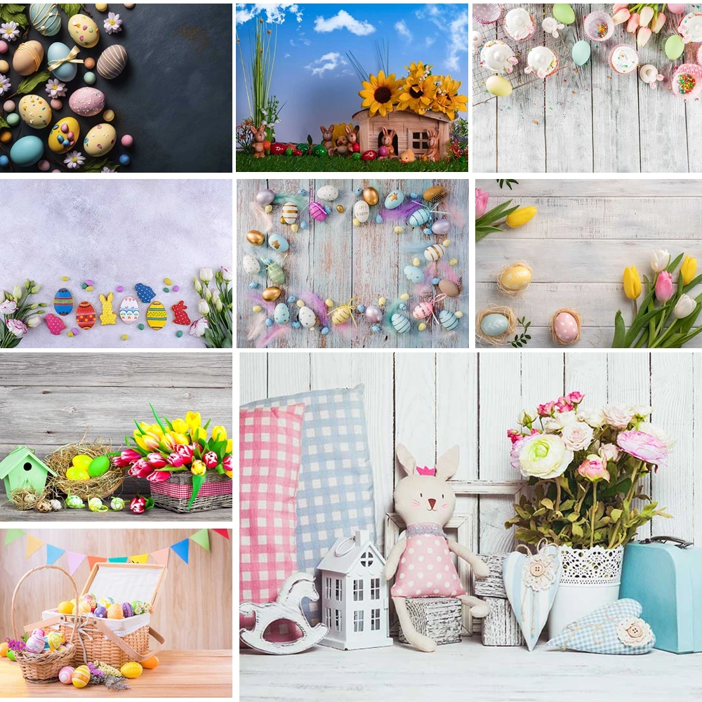 

MOON.QG Easter Wooden Plank Backdrops For Photography Eggs Mini House Bunny Dolls Background Photo Studio Poster Accessories