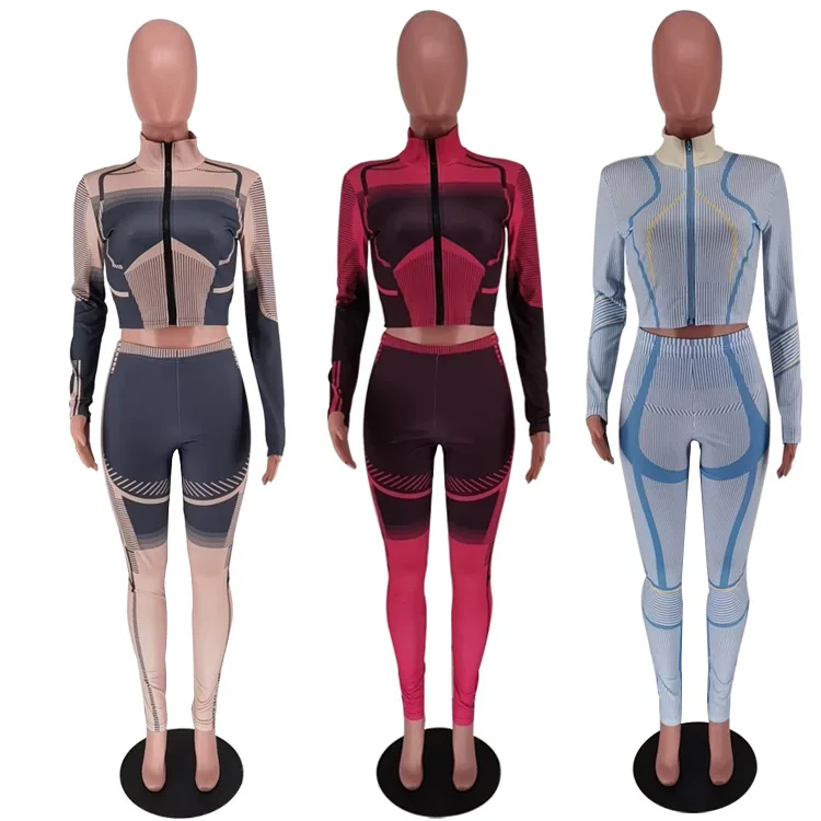 ملابس رياضية نسائية ضيقة بأكمام طويلة ، طباعة غير منتظمة ، أوربية وأميركية ، جديدة ، خريف وشتاء