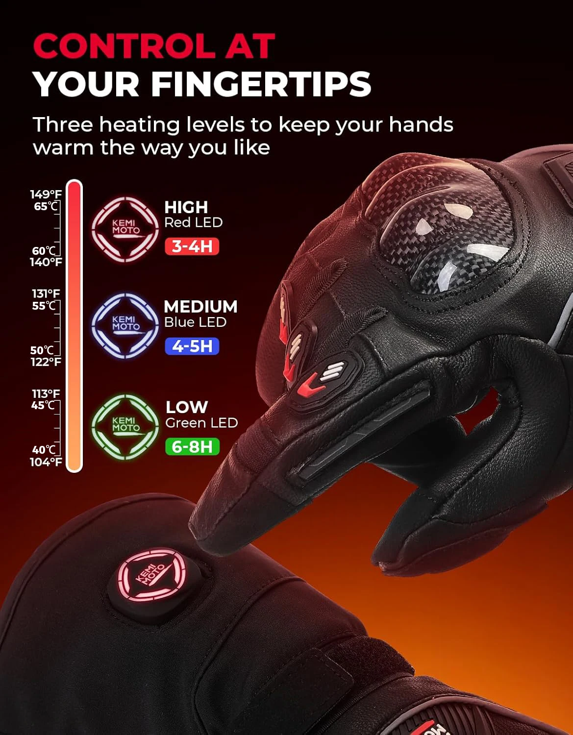 KEMIMOTO 가죽 가열 오토바이 장갑 겨울 방수 터치 스크린 모토 스키 캠핑 가열 장갑 배터리 오토바이