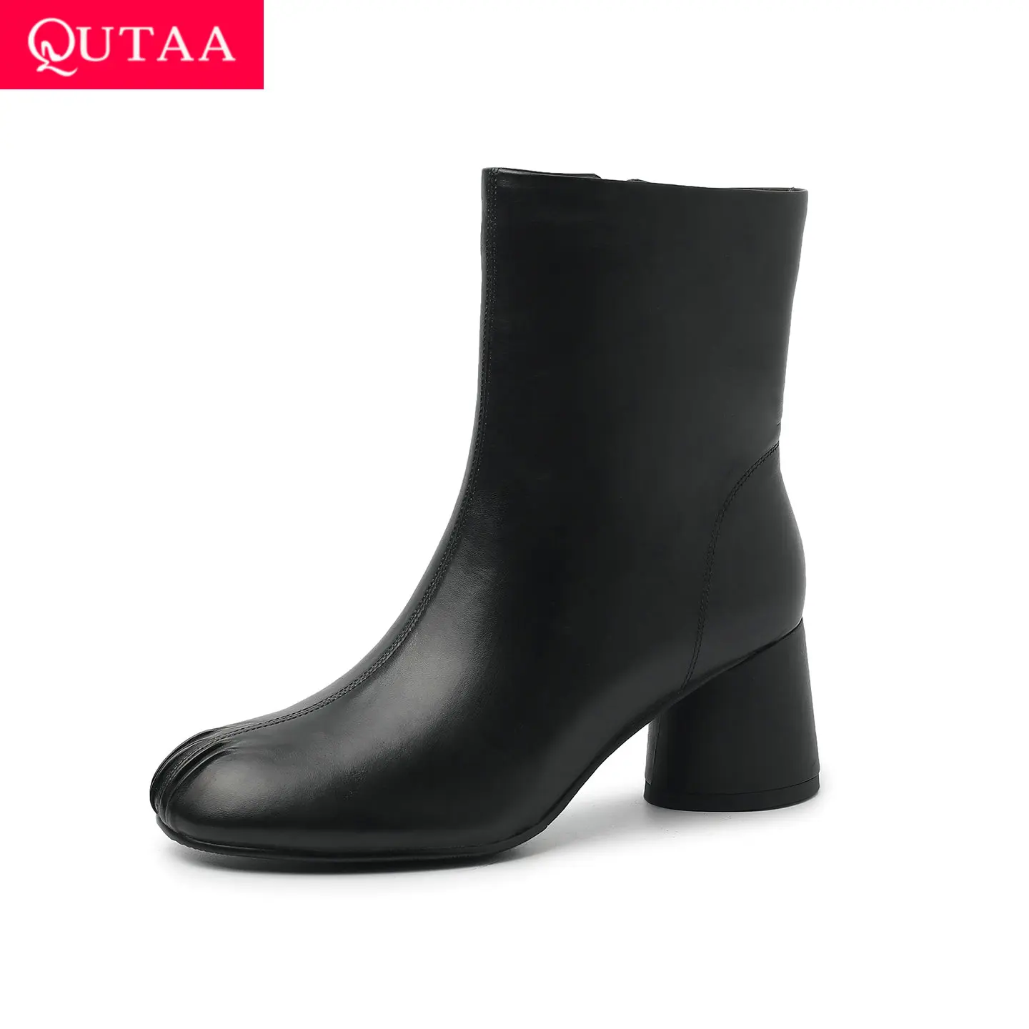 QUTAA 2027 Fashion Women Ankle Boots Winter Motorcycle Mid Heels Autumn Genuine leather Shoes Round Toe Casual Short Boots 35-42