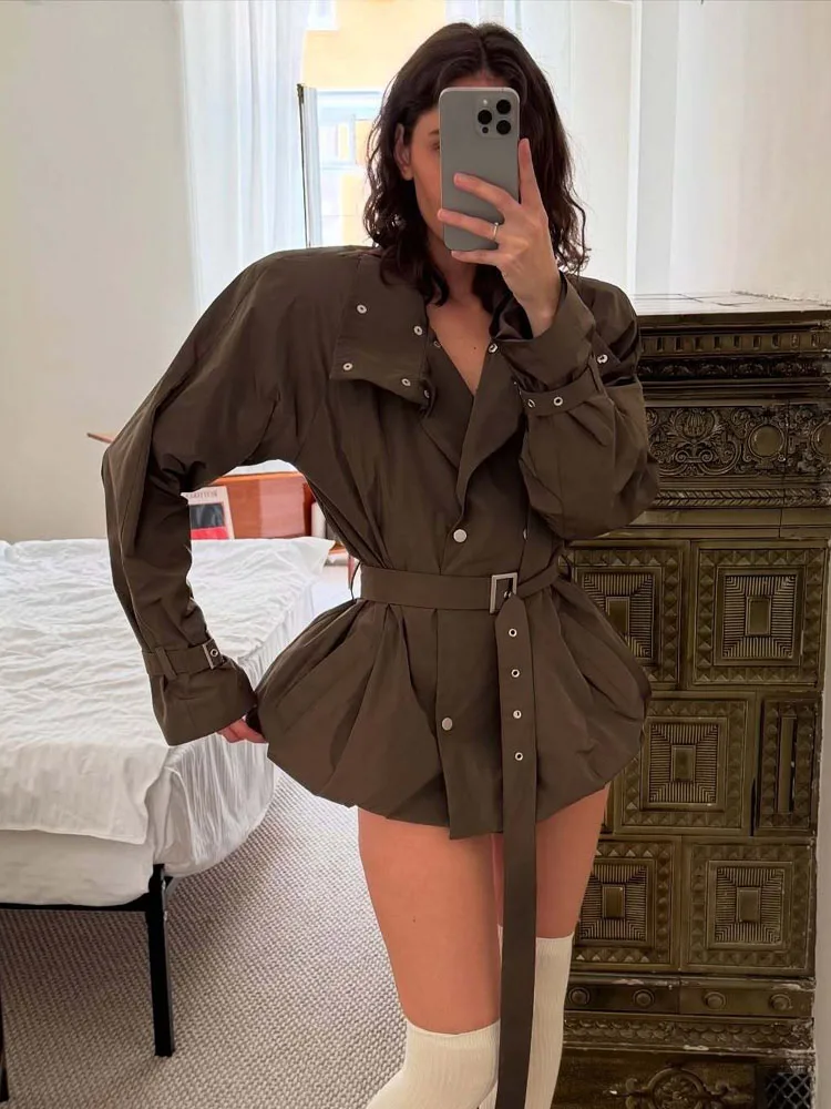 HH Woman Spring Fashion Long Sleeves Stand Collar Double Breasted Belt Decoration Loose Windbreaker Female Keep Warm Jacket