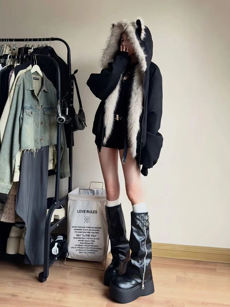 겨울 신상 우아한 안감 털 루즈핏 코트 여성 Y2K 털 칼라 후드 두꺼운 패션 파카 캐주얼 아우터웨어 코튼 패딩 재킷