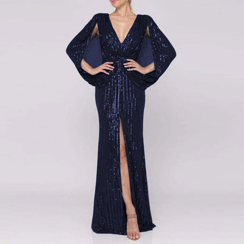 

Повседневное платье с V-образным вырезом, однотонное, для выпускного вечера, 2026, с рукавами «летучая мышь», длинное, для ведущей, модное, с пайетками, для торжественных случаев