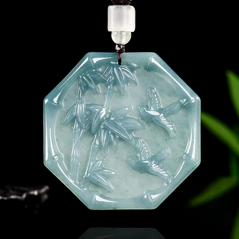 

Myanmar Emerald Real Natural Blue Water Jade Bamboo Joint Pendant Necklace Carved Jewelry Fashion Amulet Gifts Certificate
