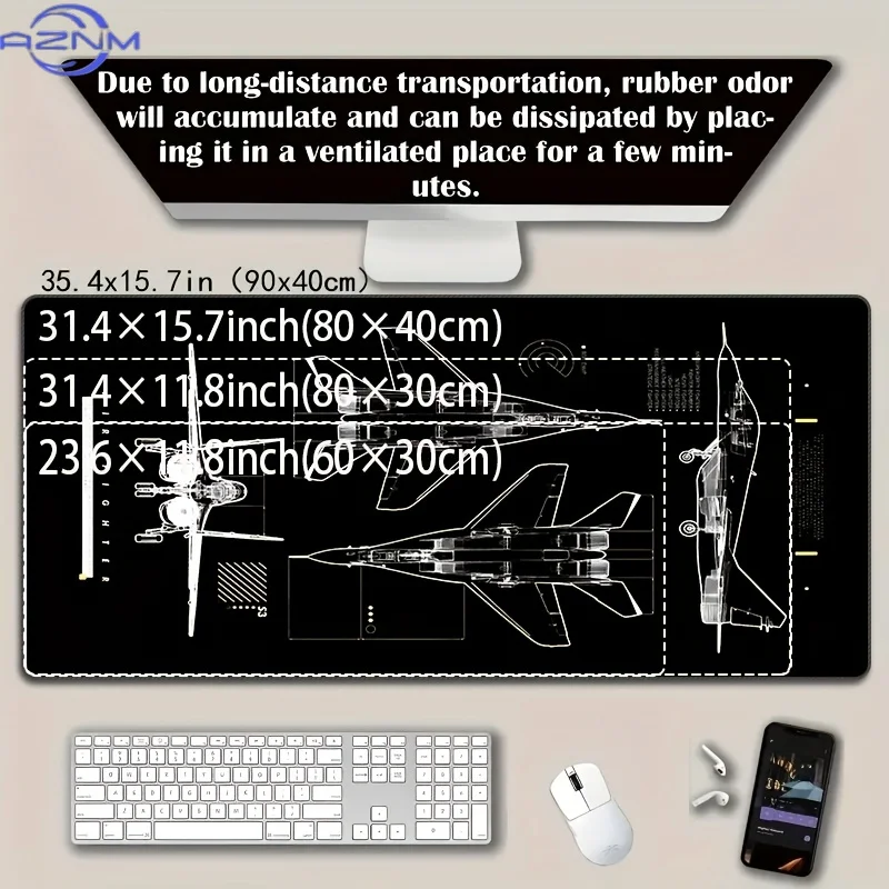 Black background minimalist sketch airplane series high-definition image, extra-large thick anti-slip gaming mouse pad with stit