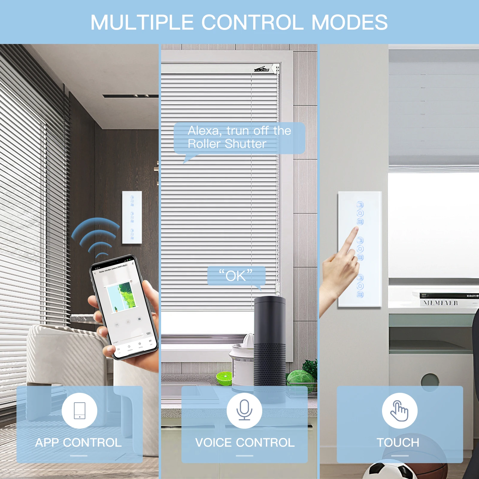 BSEED Wifi Shutter Switches Triple Tuya Smart Blinds Switch Electric Motor Glass Panel Google Home Alexa Echo Control 228mm 5A