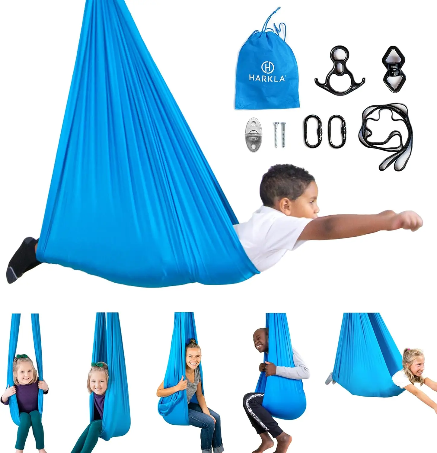 

Harkla Indoor Sensory Swing for Kids with Heavy Duty Hardware, Supports 135kg for Calming & Focus, 110" Blue