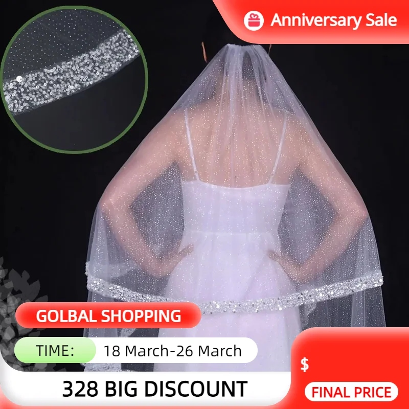 v203 2 Tier Wedding Veil with Crystal Edge Sparking Bridal Veils Cover Front and Back Gittering Wedding Accessories for Bride