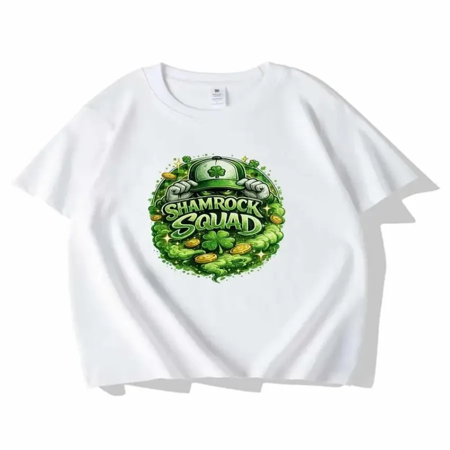 Shamrock Squad Men's Cotton TShirt Lucky Clover Golden Coin Smoke Print Pattern Pure Cotton Premium Print Durable Casual Fashio