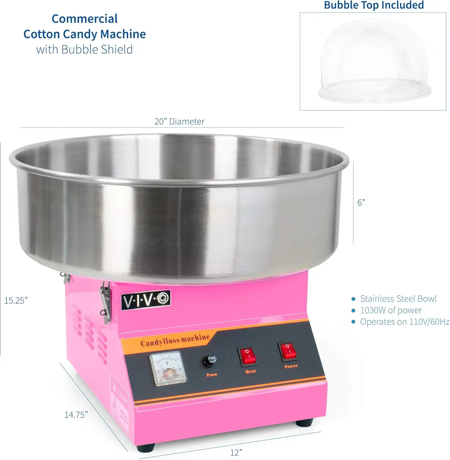 Pink 1030W Electric Commercial Cotton Candy Machine/Candy Floss Maker with Bubble Shield CANDY-KIT-1