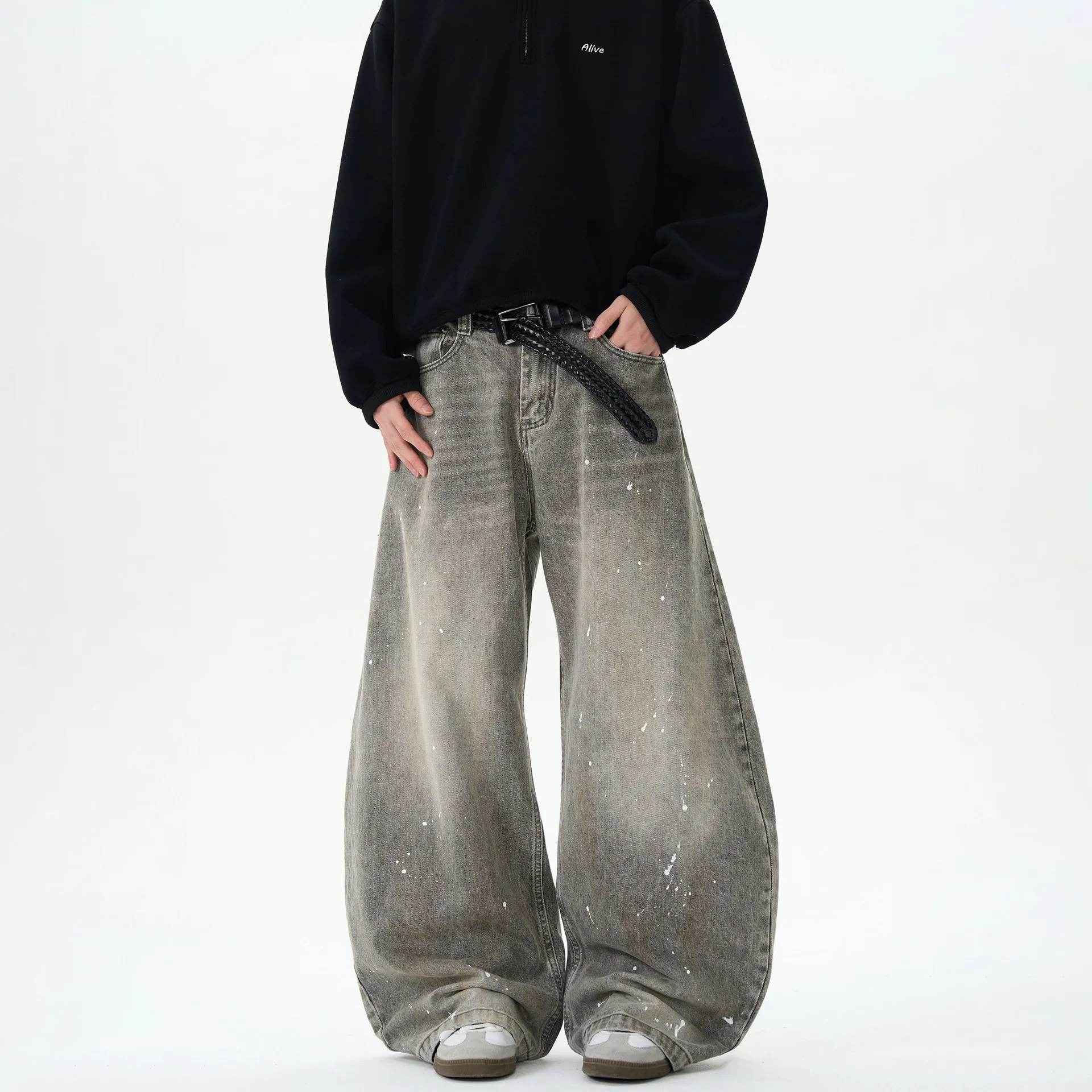 Korean Fashion High Street Vintage Washed Grey Wide Leg Pants Men's Streetwear Harajuku Oversized Casual Baggy Denim Trousers
