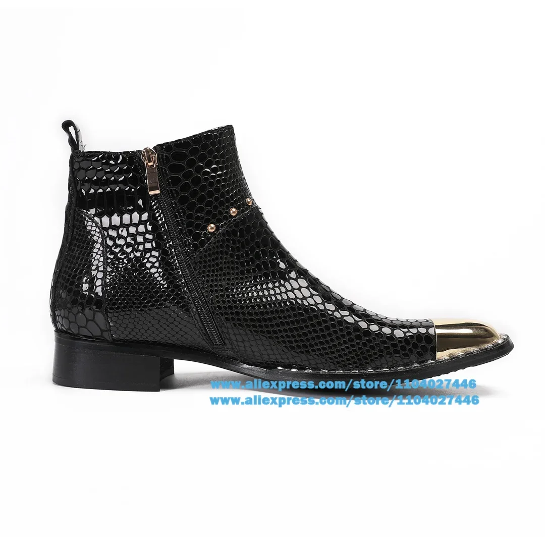 Metallic Toe Men's Boots Metal Decoration Side Zipper Black Leather High-Top Booties British Luxury Handmade Trend Men Botas