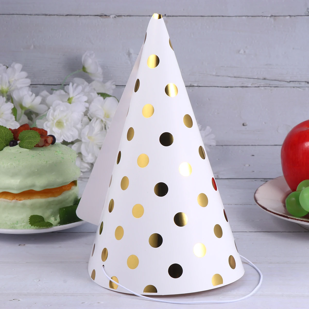 

10pcs Children Birthday Party Headdress Triangle Party Hat Gilding Stripe Decor Party Supplies (Dots Background, Golden)