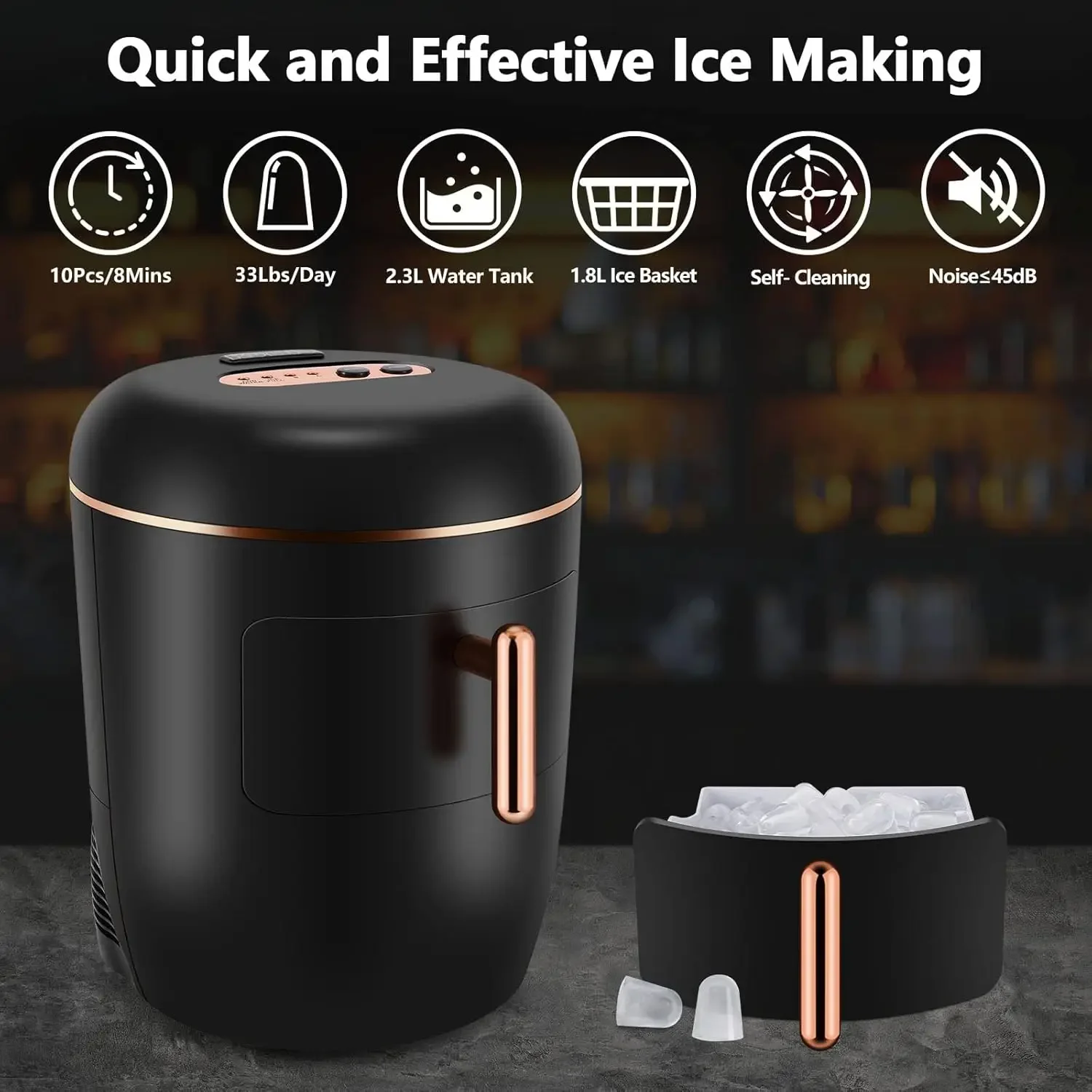 Retro Clear Ice Maker Countertop with Fast Ice Production - Makes 10pcs in 8 Minutes, 33lbs/Day Capacity, Large 2.5Qt Reservoir,
