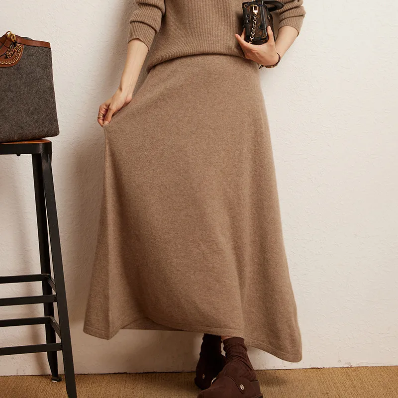 High-end 2024 Autumn and Winter New 100% Cashmere Skirt Women\'s High Waist Knit Skirt Female Fashion Solid Color A Word Skirts