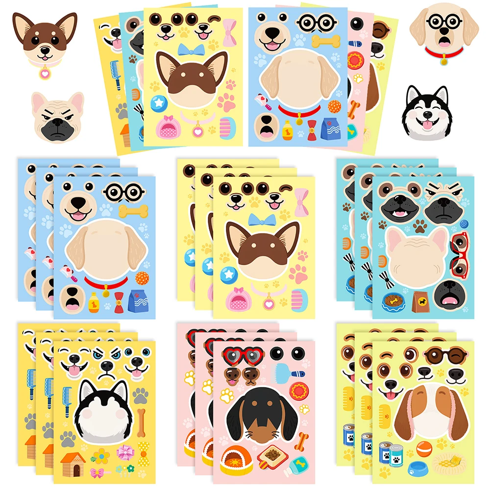 6/12 Blatt Niedliche Tier-Hunde-Cartoon-Puzzle-Aufkleber Kawaii Haustier-Welpen-Gesichter zum Selbstgestalten DIY Puzzle-Bildungsspielzeug Aufkleber Geschenk