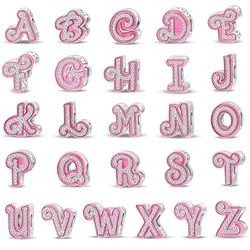 100% 925 Sterling Silver 26 Letter Shiny Princess Pink Series Charms Beads Fit Original Bracelets DIY Gifts Fine Making Jewelry