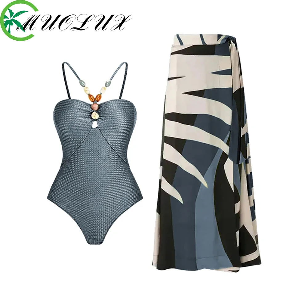 MUOLUX 2024 New Sexy Push Up One Piece Swimwear Women Retro Print Biquini Skirt Cover Up Monokini Brazilian Swimming Suit Dress