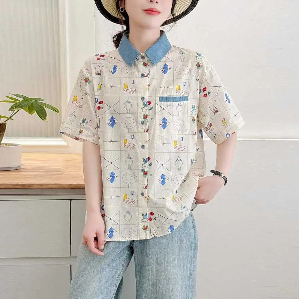 

Summer New Japanese Sweet Mori Girl Cartoon Print Shirts Women Turn Down Collar Short Sleeve Casual Loose Blouse Tops