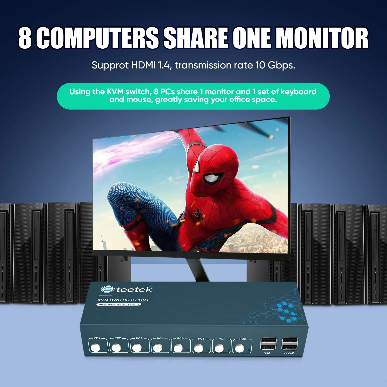 KVM Switch 8 Port  HDMI KVM Switch Supports Hotkeys Swapping 4K 3D 8 in 1 Out 16 PCs Sharing with One Set of Keyboard  Mous