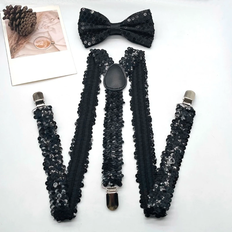 Men's Suspenders Tuxedo Necktie with Metal Clip Popular Shimmering Party Sequined Suspenders Brace for Various Occasion