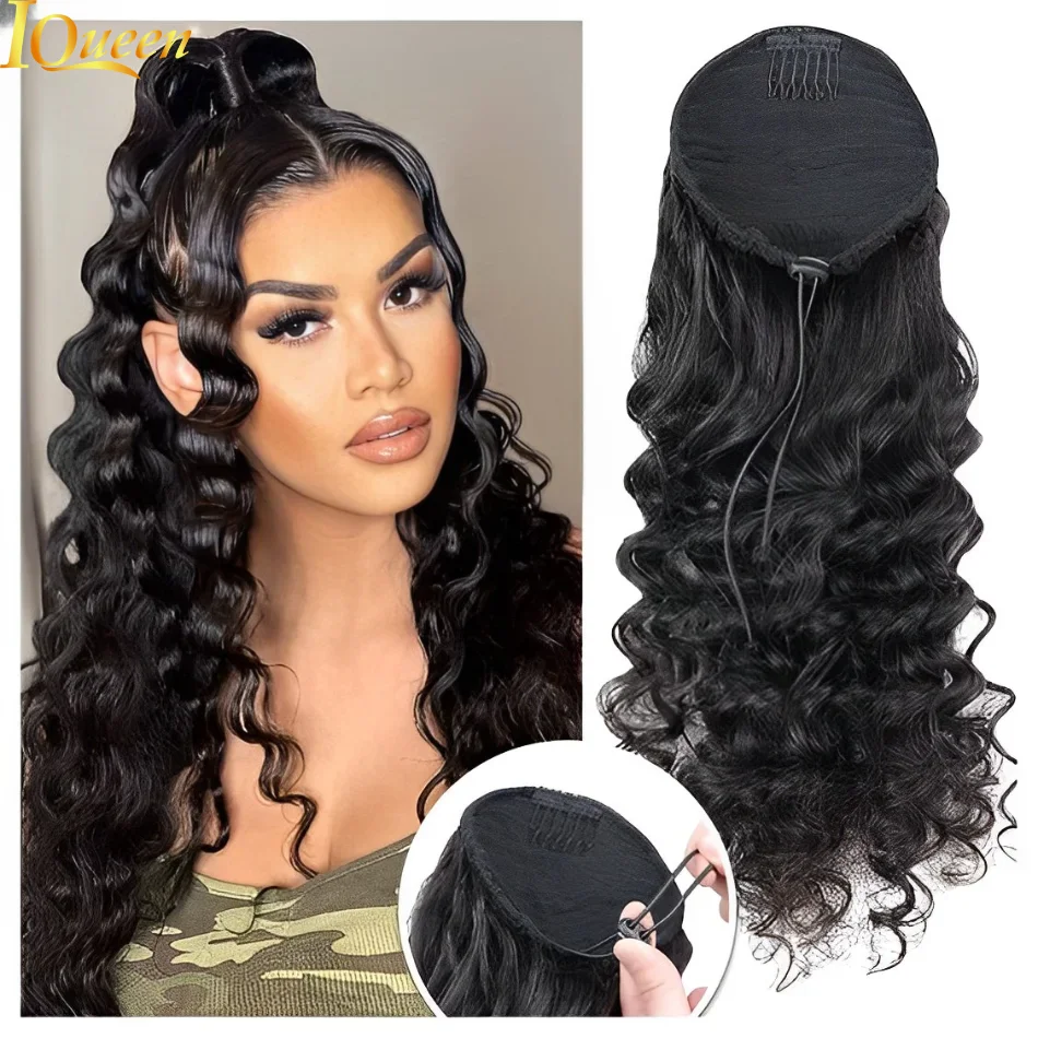 Drawstring Ponytail Human Hair Water Wave Ponytail Extension Remy Indian Kinky Curly Hair Ponytail Long Curly Ponytail 26 Inch