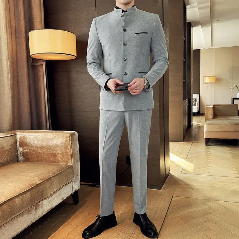 

Classic Men's Suits Chinese Stand Collar Suit Men's British Business Dress Two Piece 2 Piece Outfit Set Elegant Party Dresses