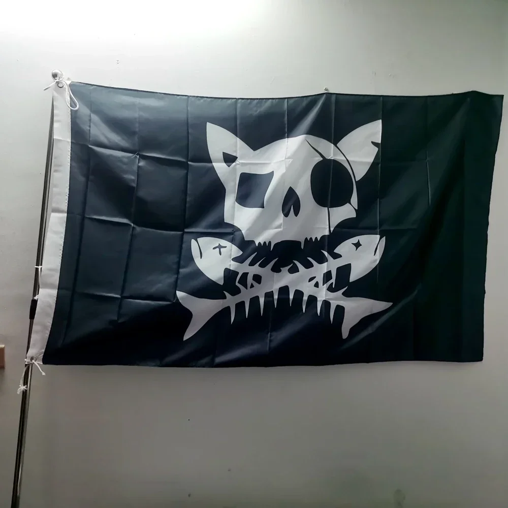 Полиэстеровый баннер 90x150 см с дизайном флага кошачьего пиратского черепа — идеально подходит для наружного декора, добавления химерного прикосновения к вашему пространству