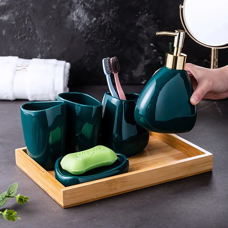 Green Ceramic Bathroom Set Supplies Lotion Bottle Toothbrush Cup Mouth Soap Dish 5-piece Wood Tray