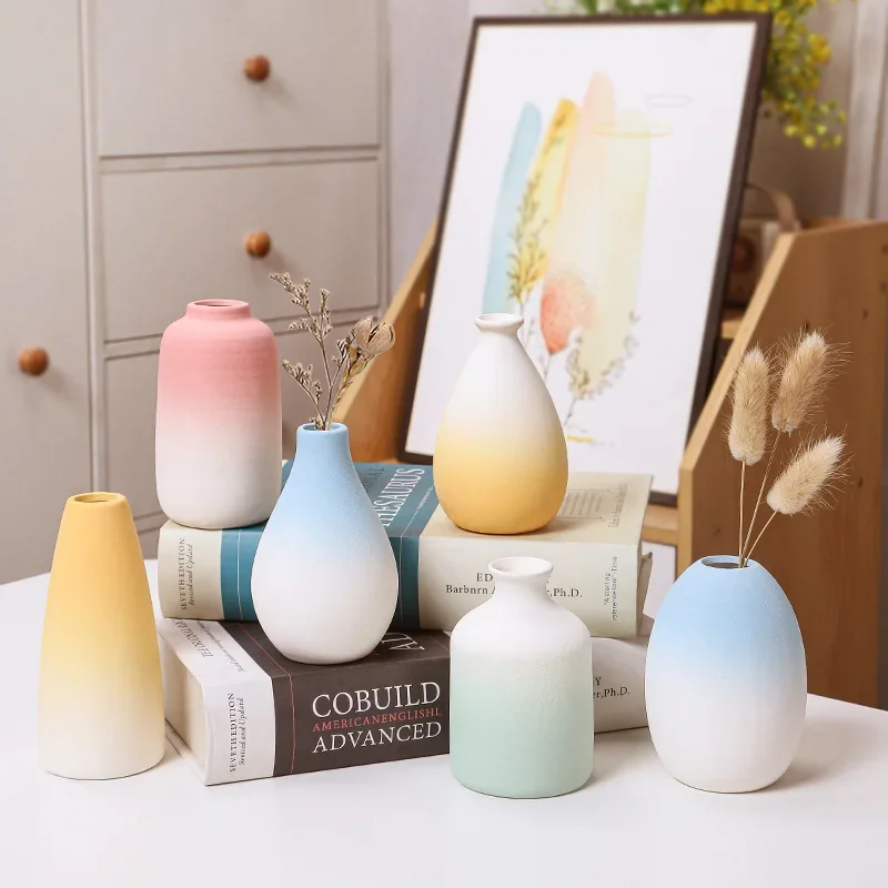 Ceramic Small Flower Vase Gradient Color Macaron Vase Small Fresh Frosted Dry Flower Insert Office Home Decoration Ornament