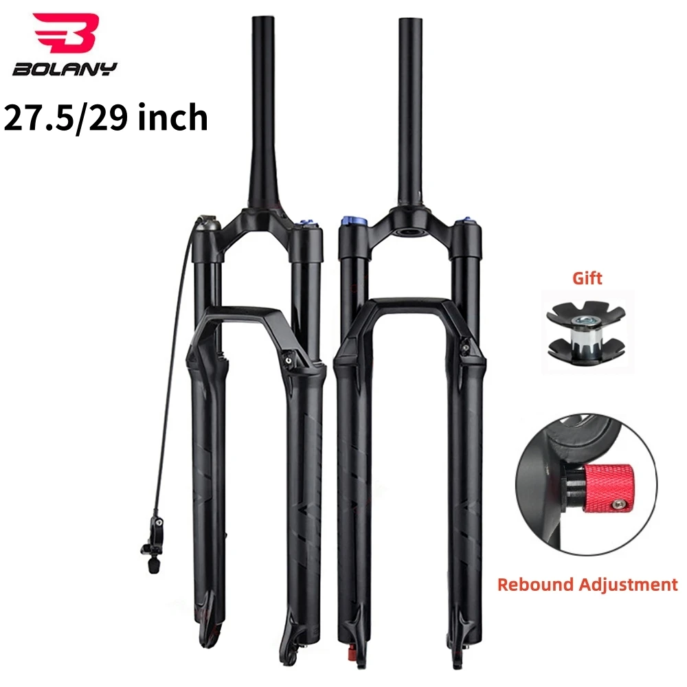 

BOLANY Bicycle Fork 27.5 29 Inch Mountain Bike Air Suspension Fork 120mm Travel Straight/Tapered Tube Rebound Adjustment