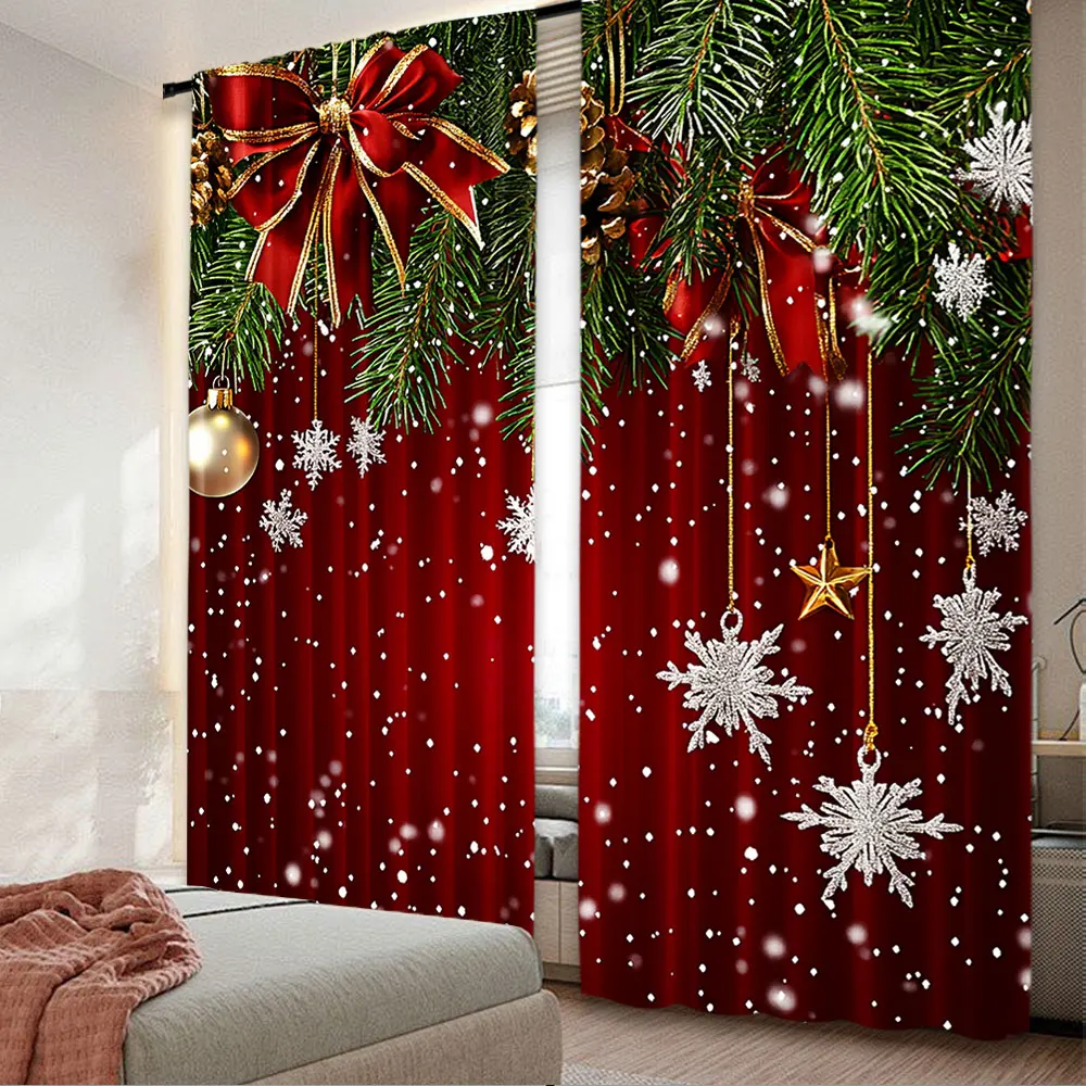 Rideaux de noël classiques, 2 pièces, flocons de neige, pin, rouge, vert, pour salle de noël, adaptés au salon, une chambre à coucher, une cuisine et une salle de bain