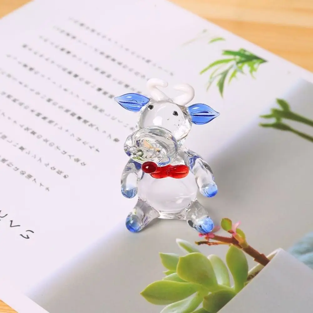 Creative Hand Blown Crystal Cow Ornament Cartoon Cute Glass Cow Miniature Small Animal Figurine Living Room