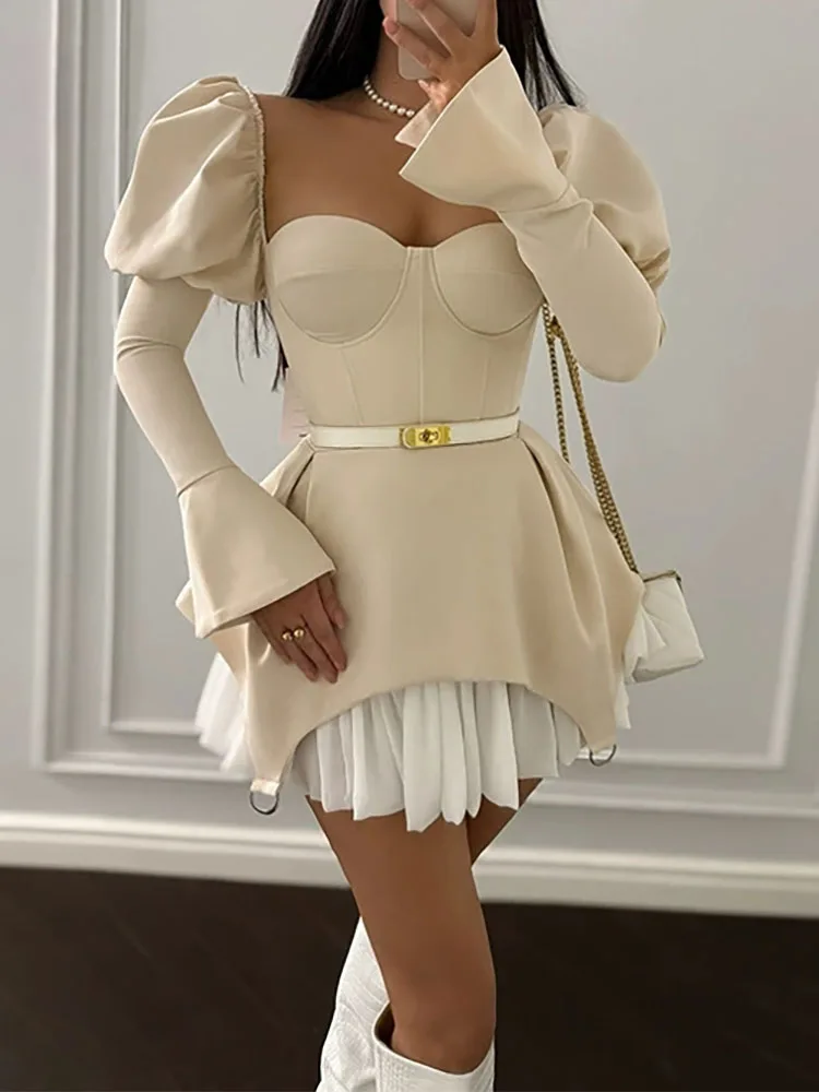 バブルスリーブデザインパッチワークスクエアネックショートスカート春夏新作レディースファッショントレンドドレス