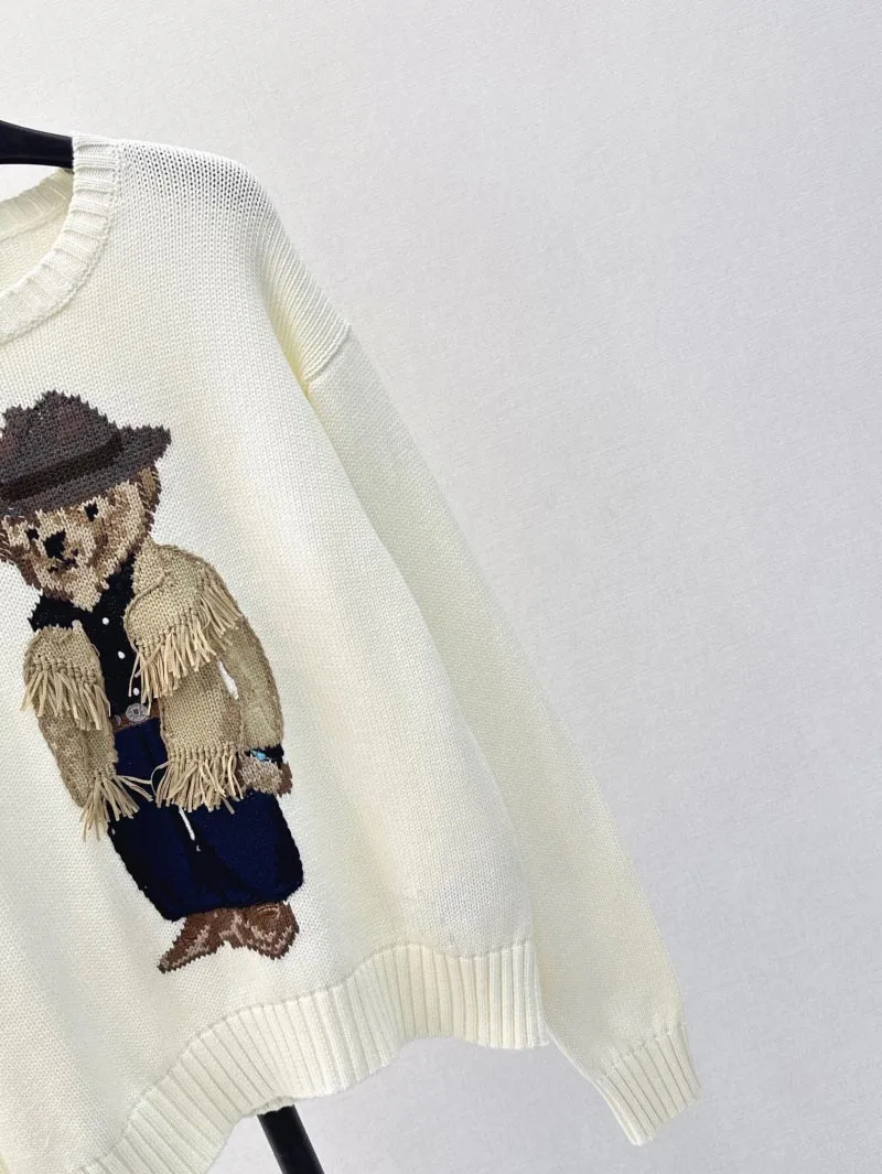 2024 Autumn/Winter New Women\'s White Casual Warm Cotton Sweater Khaki Tassel Jacket Cartoon Bear Pattern