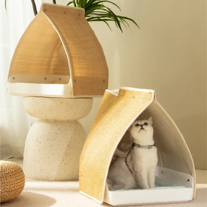 

Straw hat cool cat nest summer cat sleeping mat cool and breathable all year round universal detachable and washable cat nest