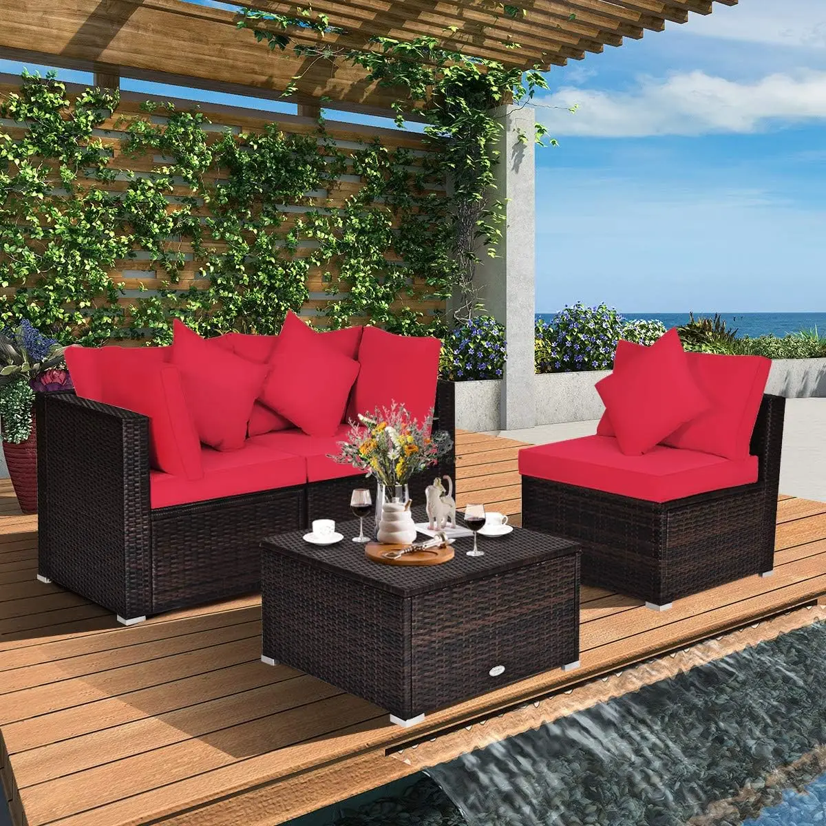 4 Pieces Patio Furniture Set All Weather Outdoor Sectional Rattan Sofa Set Removable Cushions Pillows Wicker Conversation Set