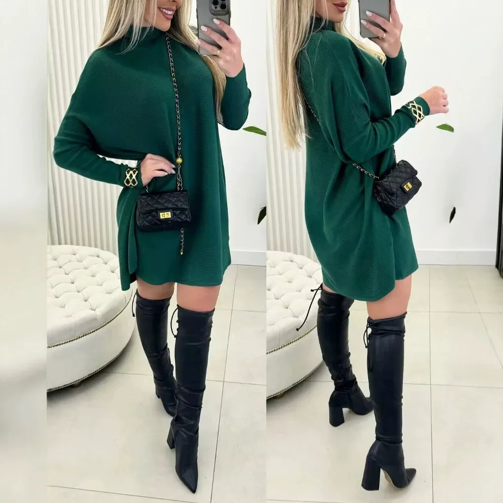 

Sweater Women Dresses Fashion High Neck Batwing Sleeve Knitted Casual Plain Long Sleeve Daily Tops Mini Dress 2024 Spring New