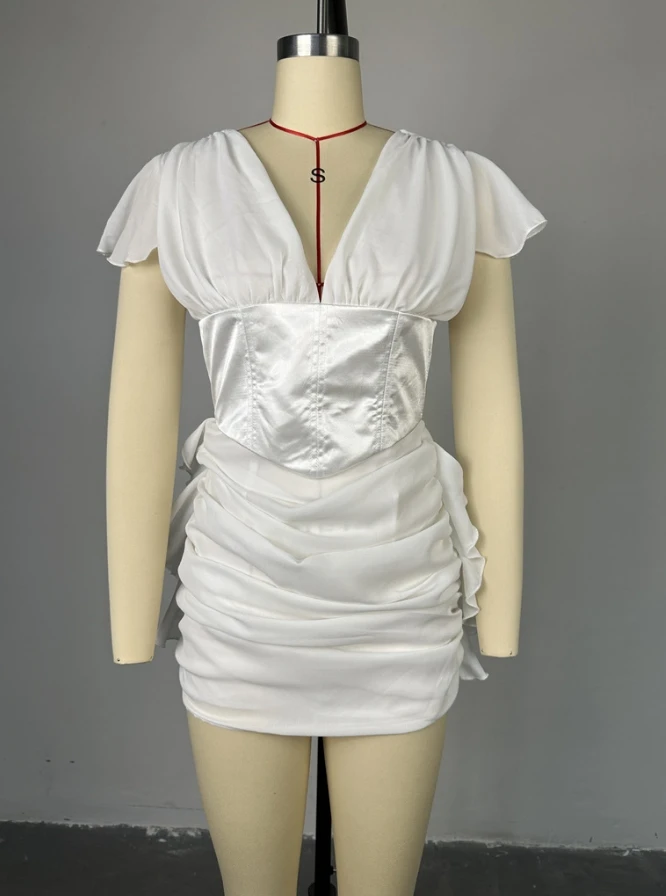 Women's Party Dress 2024 Spring Summer Latest Fresh V-Neck Short Sleeved Patchwork Waist Cinched Pleated Mini Dress Short Skirt