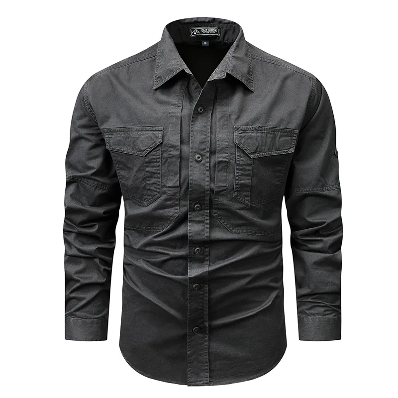 New Spring Men Long Sleeved Multi Pockets Cargo Shirts Quality Man Cotton Outdoor Loose Tooling Shirts Male Casual Shirts 4XL