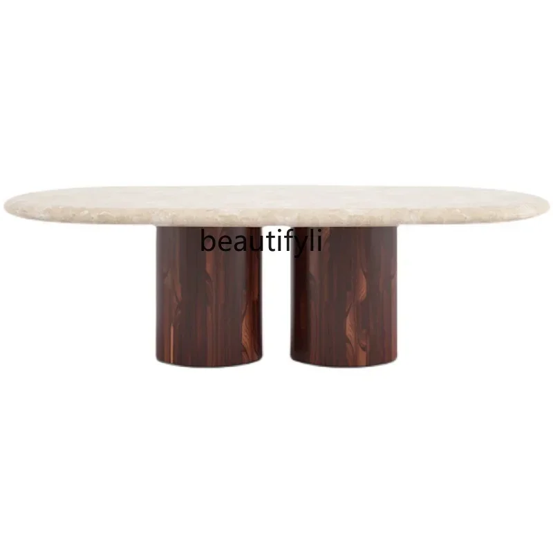 G1218 Wabi Sansan Natural Marble Travertine Coffee Table Long Table Designer Solid Wood Legs Medieval Coffee Table G1218
