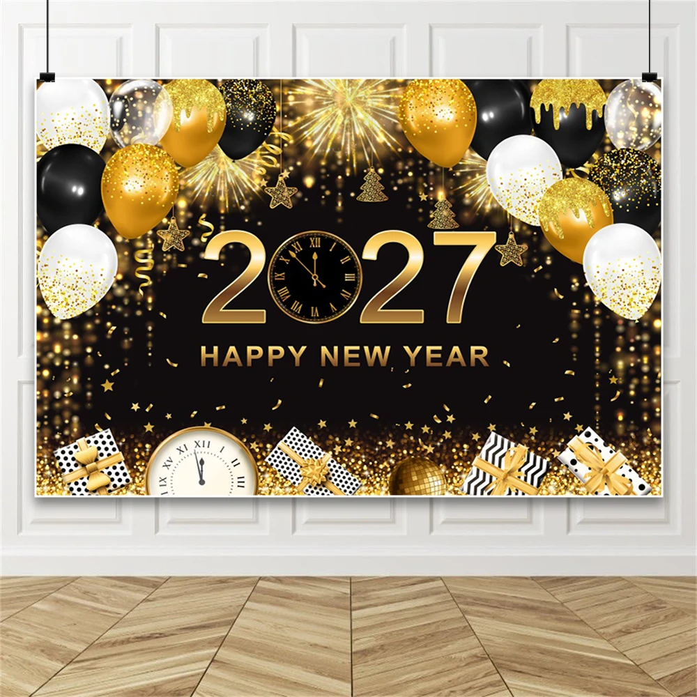 Yeele 2027 Happy New Year Backdrop for Kid Family Christmas Party Decor Banner Golden Flash Balloons Bell Photography Background