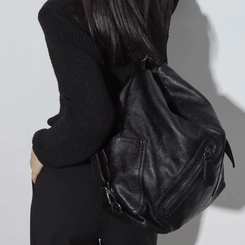 SHELKSBAG, bolsos de hombro de cuero PU, ropa de calle, mochila para mujer, bolso negro de gran capacidad, bolso cruzado de ciudad estilo Moto Y2k