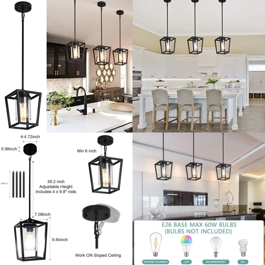 

1Light Pendant Lights Kitchen Island, Modern Farmhouse Cage Metal Adjustable Lantern Hanging Light Fixture with Glass Shade for
