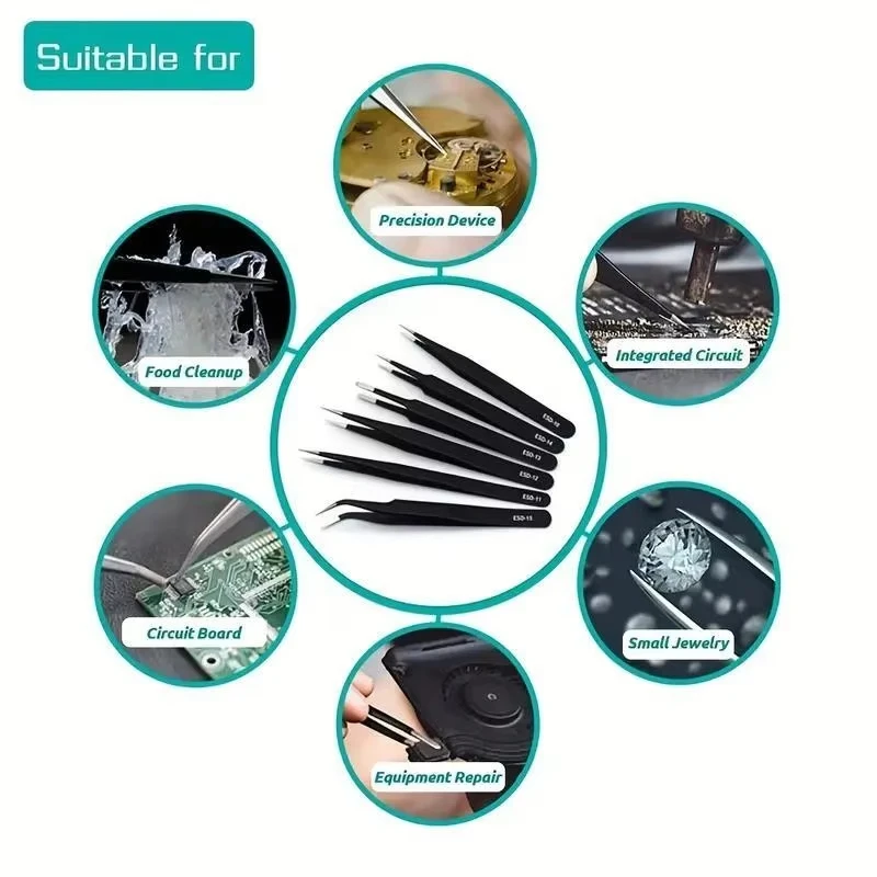 Precise ESD Anti-static Stainless Steel Tweezers, Industrial Precision Maintenance Tools, Right-angle Bent Tweezers, Tools.