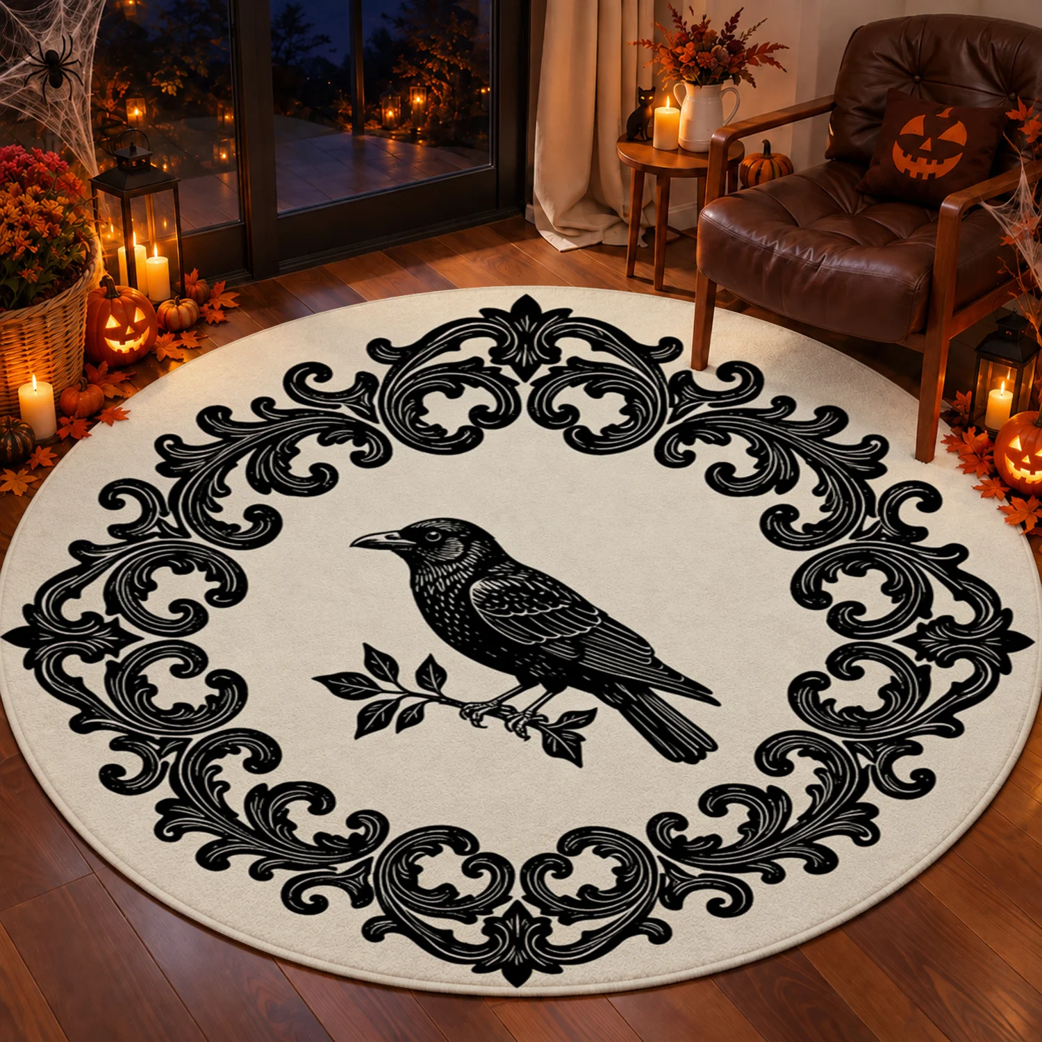 Black Raven Vintage Ornate Scroll Pattern Round Velvet Placemat Machine Washable Stays In Place For Dining Table Kitchen Counter Coffee Table Halloween Thanksgiving Christmas New Year Black Friday Cyber Monday