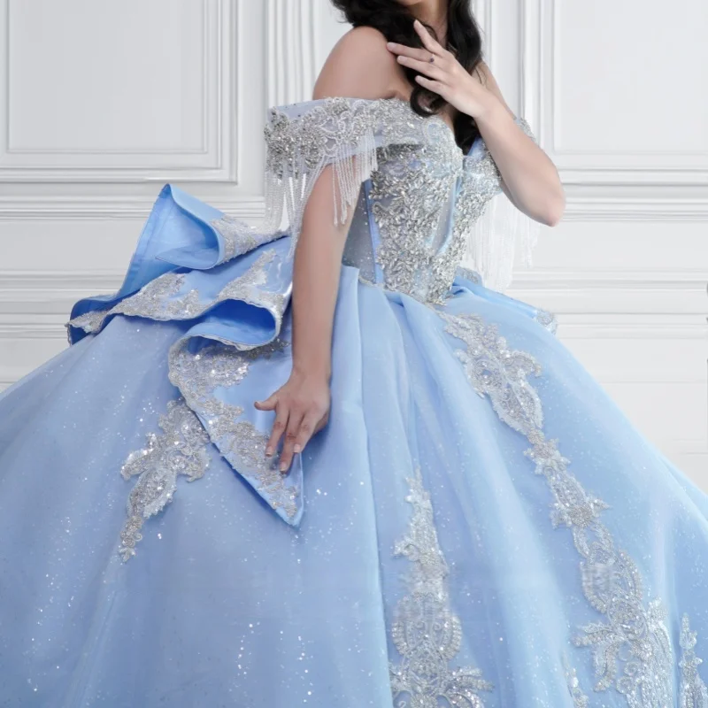 

Shiny Blue Quinceanera Dress off-shoulder Glitter Crystal Bead Decal Lace Ruffle Long tail vestidos de 15 Quinceanera ﻿Customize