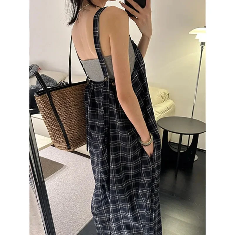 

Mini Dresses Jumpsuit Women French Checkered Square Collar Camisole Dress Summer Loose Retro Wide Leg Pants With Suspenders New